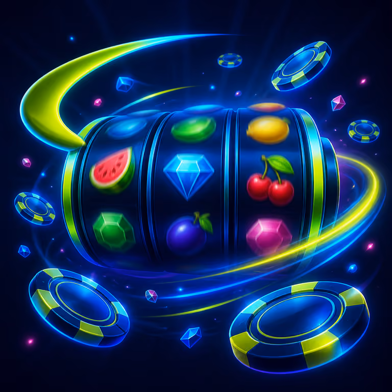 Slot reels in motion with bright neon casino accents
