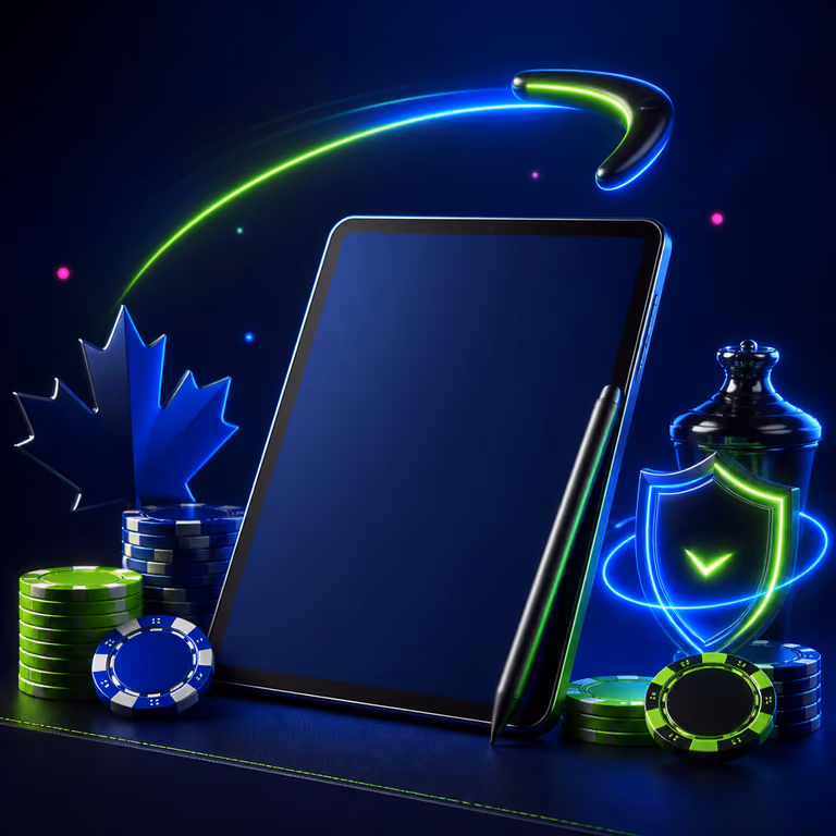 Blank registration tablet with casino chips and secure neon accents
